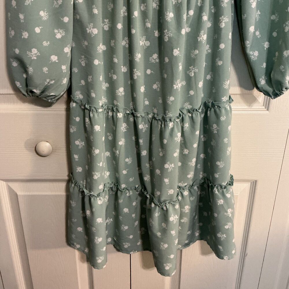 ❤️ As U Wish Women Green floral Dress smocked long sleeve mini Size Small - Picture 4 of 10